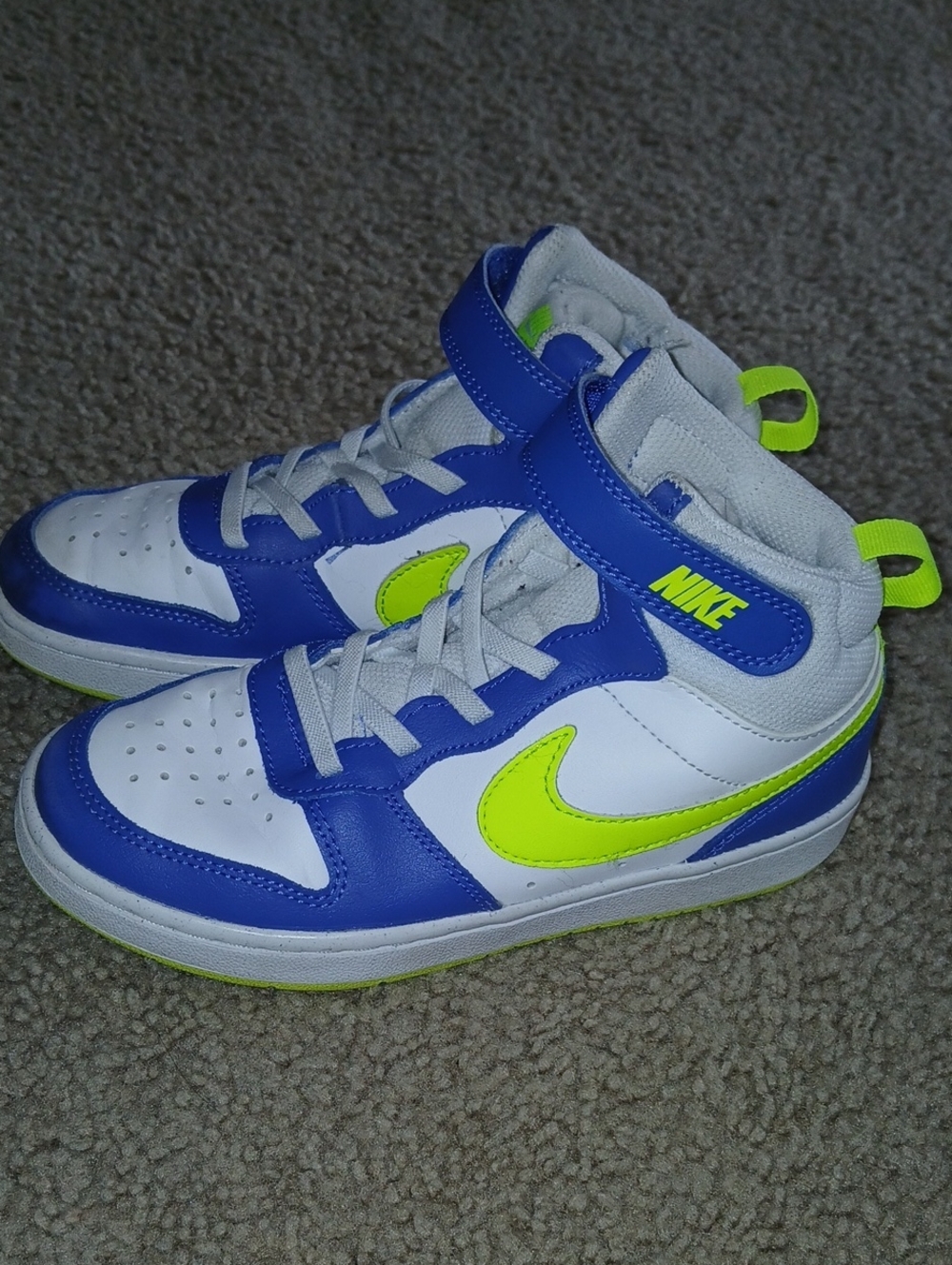 Nike Kids Youth 1 Mid-Top Sneakers in White, Blue & Neon Green